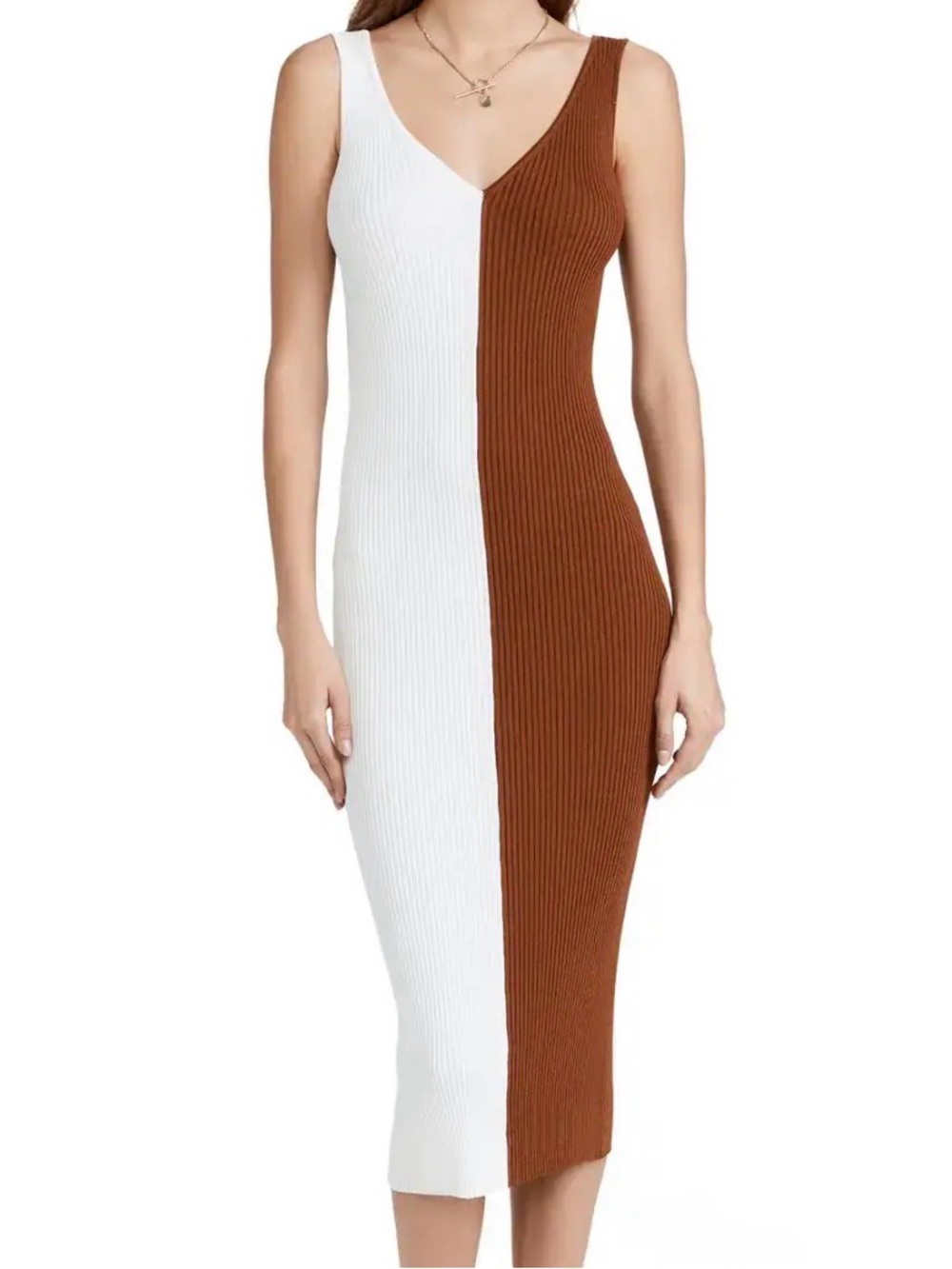STAUD Two-Tone Ribbed V-Neck Midi Dress in White and Brown